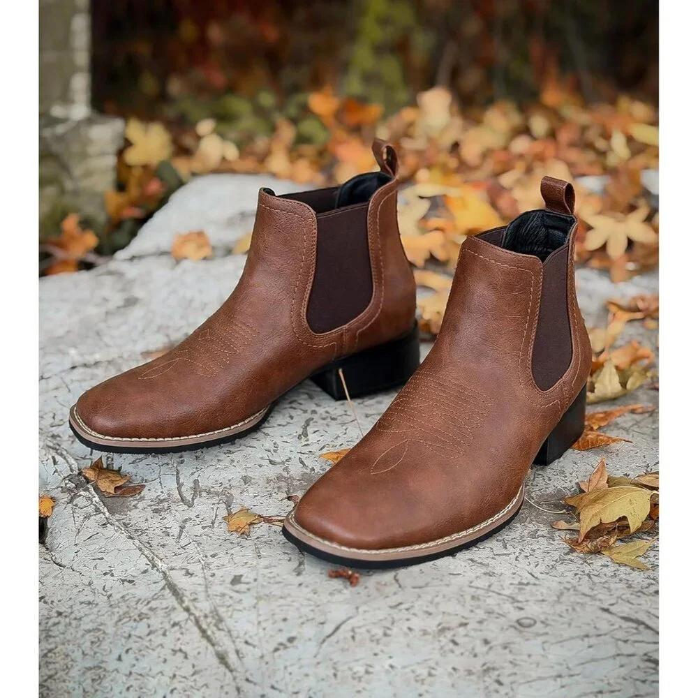 Men's Brown Square Toe Chelsea Boots Western Ankle Boot Slip On Casual Boot